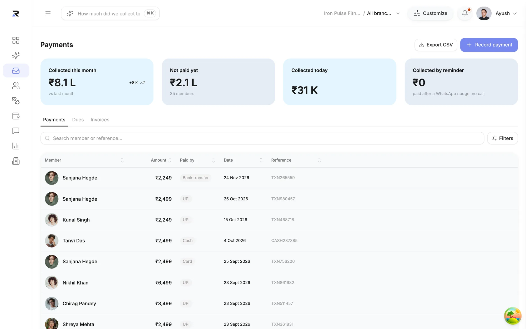 Payments in Rysmic: collections, dues and invoices